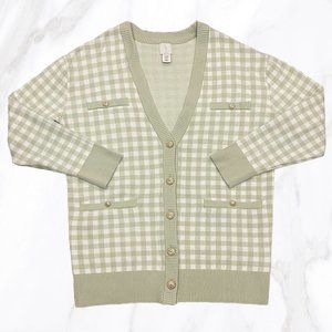 Joie Women’s Pale Green V Neck‎ Gingham Print Gold Buttoned Cardigan, Size M